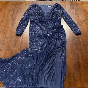 Ieena for Mac Duggal Navy Sequin Full Length Evening Gown